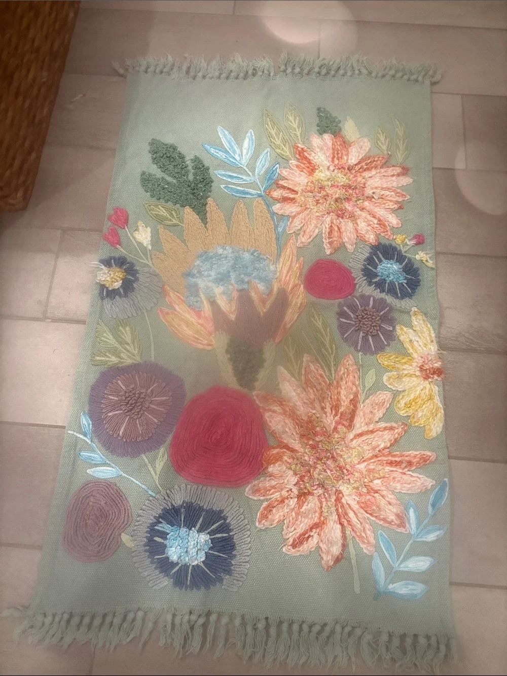 Magaschoni Sage Green Floral Embroidered Bath Mat with Coral and Blue Accents